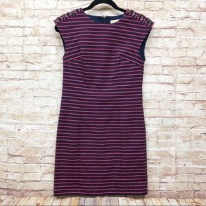 Michael Kors Womens Sheath Dress Size S Sleeveless Striped Leather Detail Navy